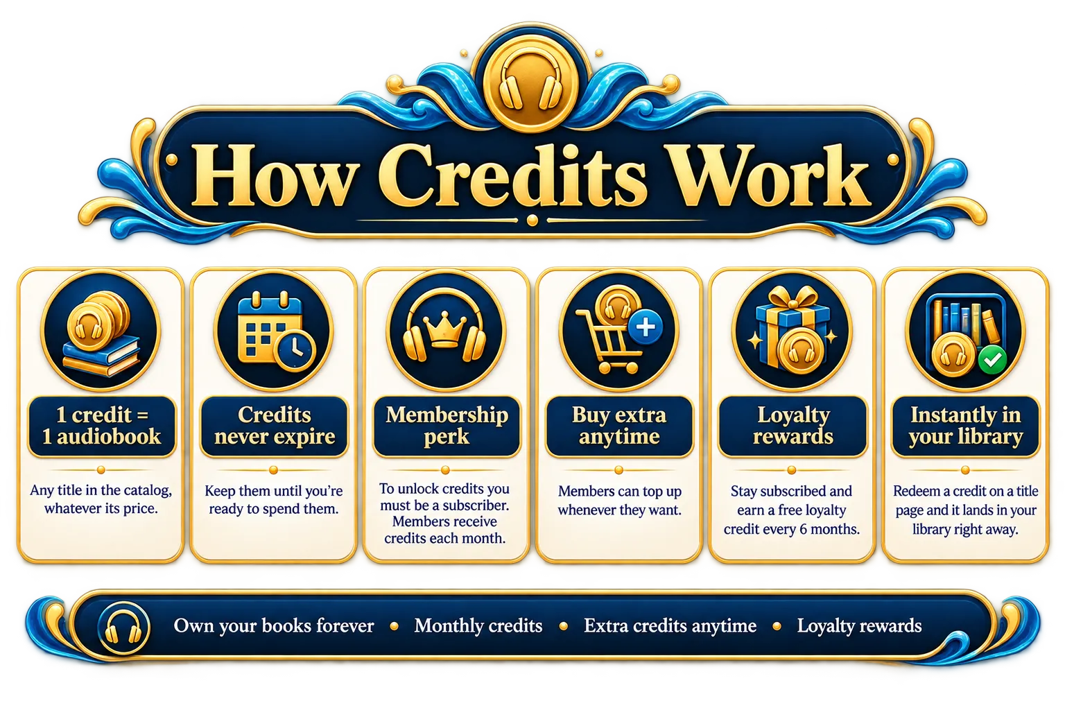 How credits work: one credit unlocks one audiobook of any price, credits never expire, credits are a membership perk you receive each month, you can buy extra credits any time, members earn a free loyalty credit every 6 months, and a redeemed title lands in your library instantly.