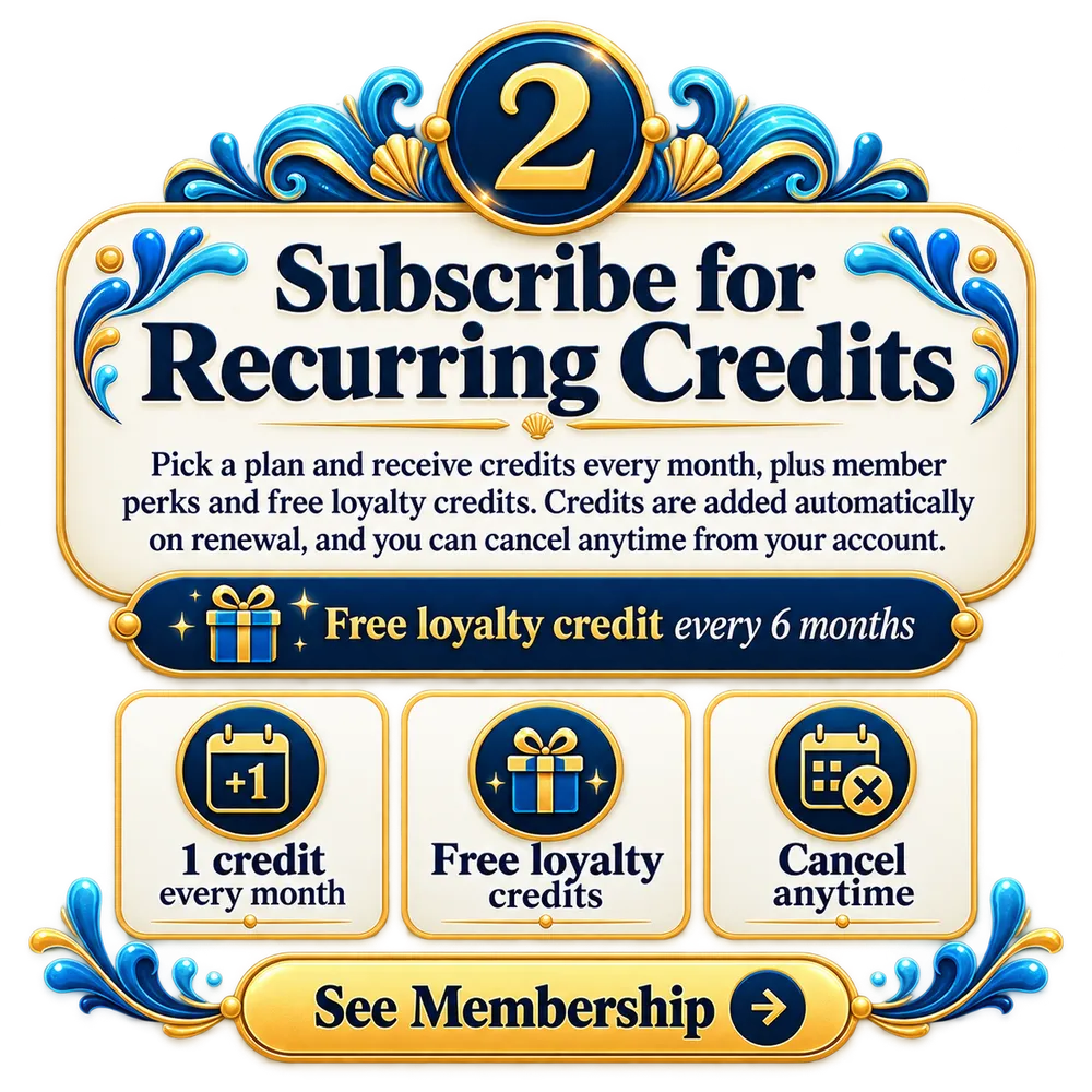 Subscribe for recurring credits: one credit every month plus a free loyalty credit every 6 months, cancel anytime. See membership.